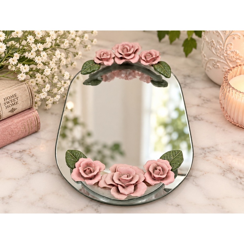 Vintage Vanity Mirror Pink Porcelain Roses Floral Cottagecore Shabby Chic Decor